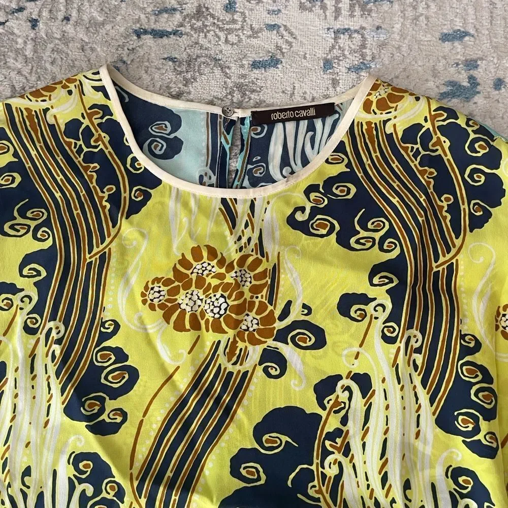 Roberto Cavalli silk Vibrant Yellow and Navy Top